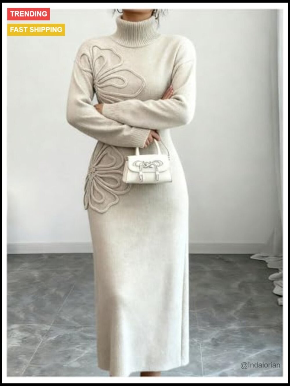 3D Floral Appliques Long Sweater Dress Turtleneck Long Sleeve Knit Maxi - Picture 3 of 4